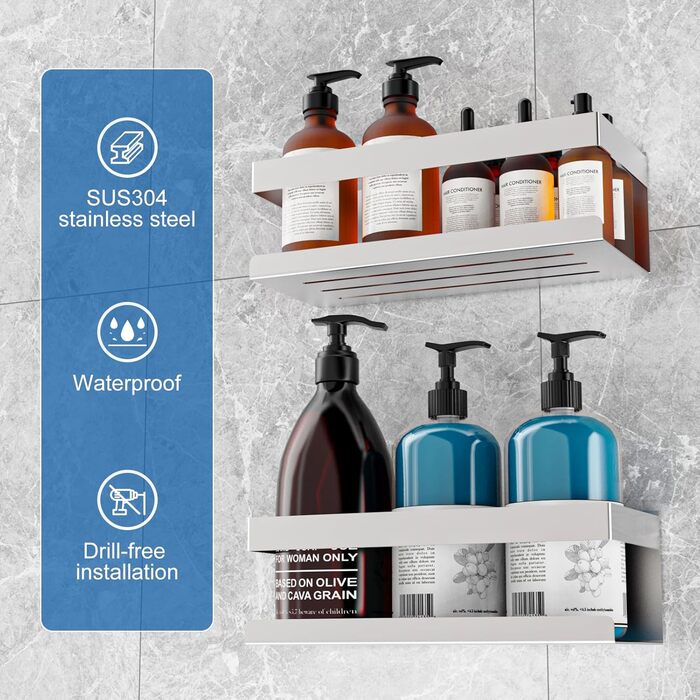 Полиця для душу без свердління, 2 шт., нержавіюча сталь SUS304, органайзер для ванної кімнати, тримач для шампуню та гелю для душу (сріблястий, 2 шт.)