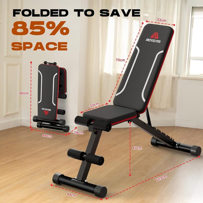 Складана силова лава Roygym, багатофункціональна тренувальна фітнес-лава з регульованою спинкою, похила лава для тренування всього тіла, стимулююча вантажопідйомність 300 кг/400 кг, чорно-червона