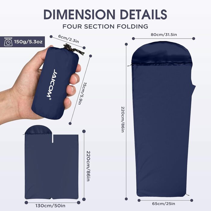 Ультралегкий підклад для спального мішка, новий нейлоновий підклад для спального мішка (лише 150 г) - Невеликий розмір упаковки та надзвичайно м&39який дорожній спальний мішок, ідеально підходить для походів, хостелів, кемпінгу в котеджах, синій