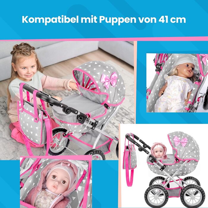 Коляска для ляльок Kinderplay від 2 років, коляска для ляльок від 2 років - Легка та стійка конструкція, коляска для ляльок від 1