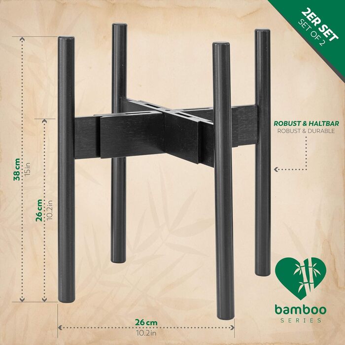 Набір з 2 бамбукових підставок для рослин Rubberneck - Регульовані бамбукові підставки для квіткових горщиків для використання в приміщенні та на вулиці - Чорний, 2 шт. Чорний