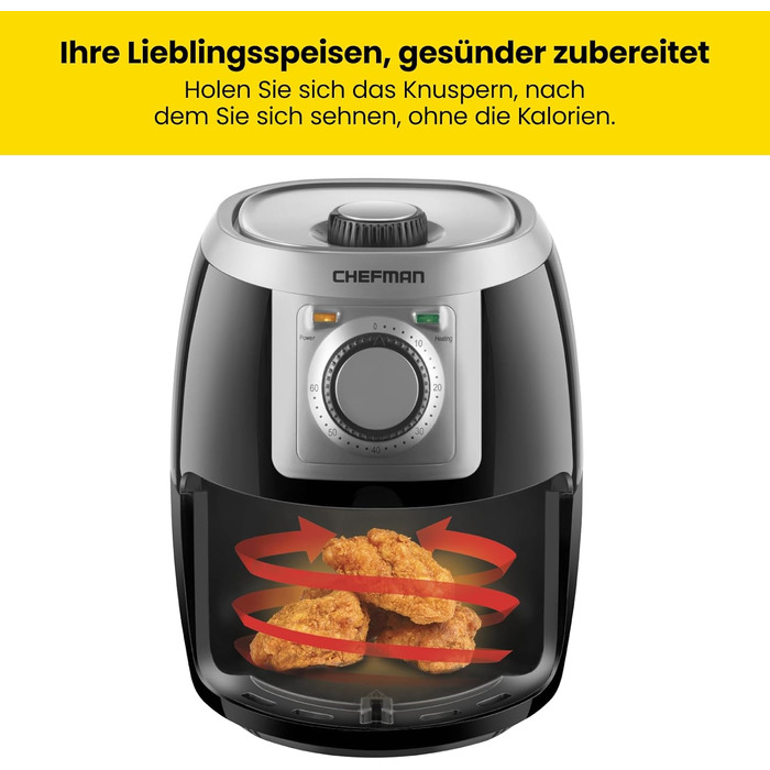 Фритюрниця Chefman TurboFry 1,9 літра, компактний розмір, 60-хвилинний таймер для швидкого та здорового приготування, для картоплі фрі, курки, м'яса, риби, овочів, можна мити в посудомийній машині, чорний