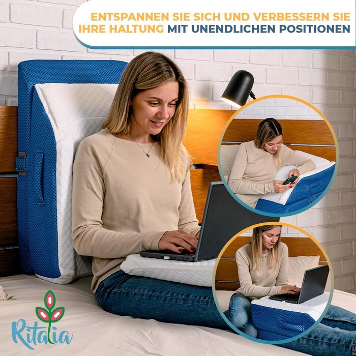 Подушка для підняття ніг Ritalia, з піни з ефектом пам&39яті, 64x43x24 см Регулювання висоти у 3 напрямках, дихаюча, чохол, який можна прати Полегшення підняття ніг, підтримка ніг, синій