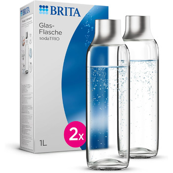 Скляна пляшка BRITA для SodaTRIO Maker (1 л), 2 упаковки змінні пляшки легкі, елегантні скляні пляшки для води в подвійній упаковці/пляшках для газованої води з полірованою кришкою з нержавіючої сталі