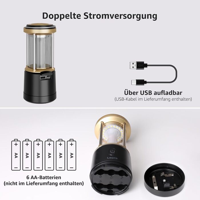 Світлодіодний кемпінговий ліхтар Lepro, акумуляторний, 2000 люмен, 5-рівневий регульований прожектор, водонепроникний аварійний ліхтар IPX4 з акумуляторним зарядним пристроєм, підходить для відключень електроенергії, походів та інших сценаріїв, чорний