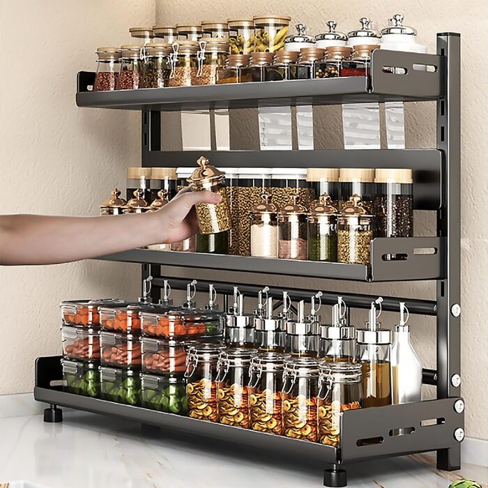 Стійка для спецій Devesanter, стояча, 3 яруси, велика місткість для зберігання, кухонна полиця, регульована по висоті металева підставка для спецій, кухонна полиця, стояча для зберігання на стільниці, чорна