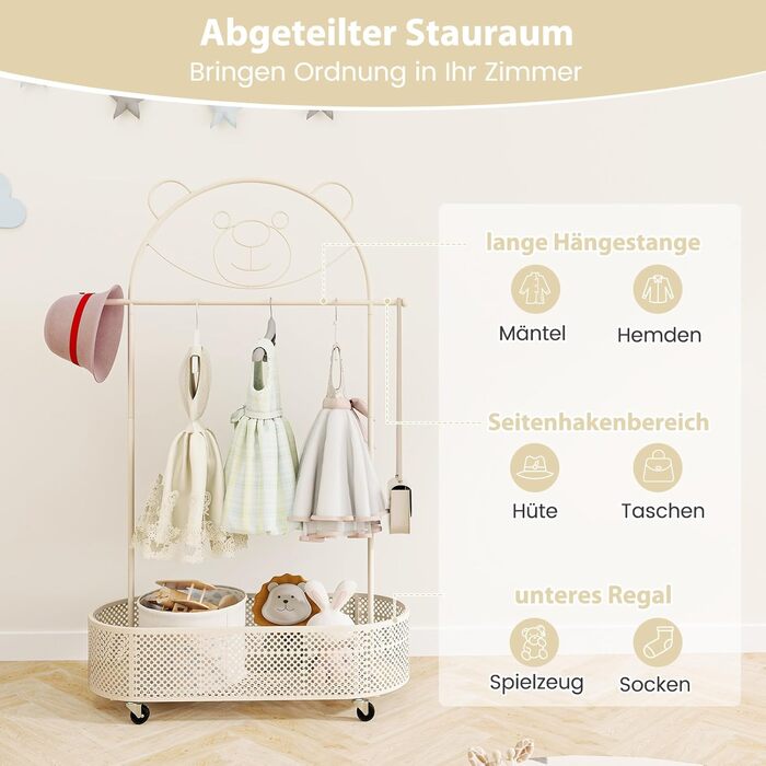 Вішалка для дитячого одягу GOPLUS, дитяча вішалка для одягу з вішалкою та полицею, дитяча вішалка для одягу з 3-ма регульованими в