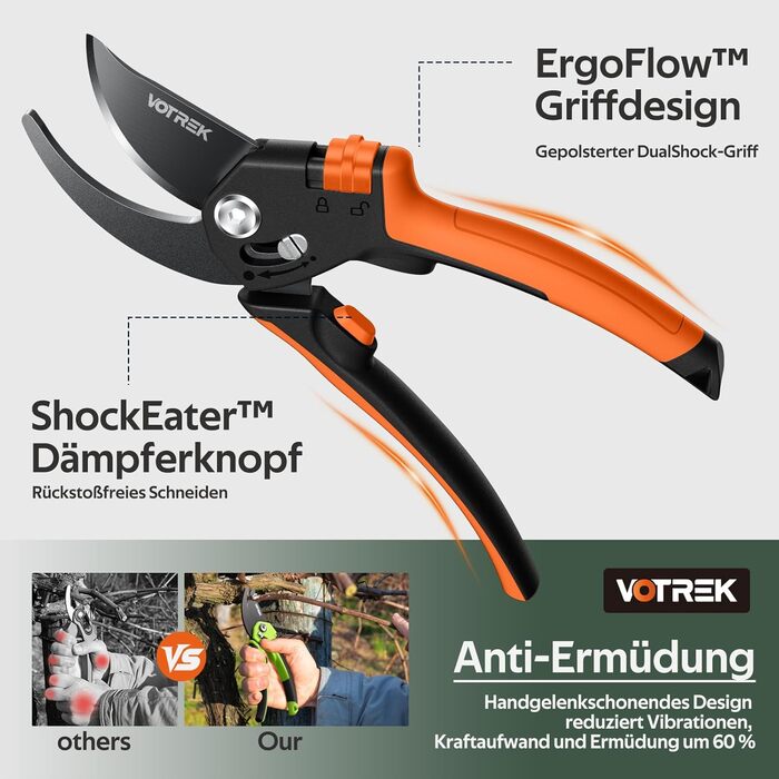 Садові ножиці з двостороннім механізмом 8,5 дюймів з плавним відкриванням ручки, професійні ножиці для троянд та дерев зі сталі SK5 та внутрішньою пружиною для легкого обрізання ідеально підходять для людей зі слабкими руками. Браслет Подарунковий помаран