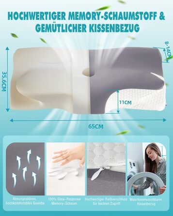 Ортопедична подушка IDEA, подушка для шиї, подушка для голови від болю в шиї, ергономічна подушка з піни з ефектом пам&39яті, подушка для сну на боці, спині та животі - полегшення для шиї та сну (257-a) 65 x 36 x 11/14 см
