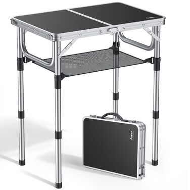 Стіл для кемпінгу Anbte, розкладний стіл 60x40 см, алюмінієва рама з 3 регульованими висотами 26/48/70 см, стіл для пікніка з сіткою для зберігання, портативний багатофункціональний стіл для кемпінгу, пляжу, балкону (чорний) сірий