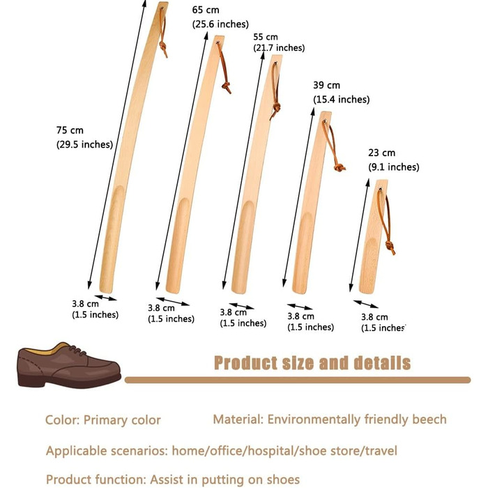 Для жінок, літніх людей, класичний простий помічник з бука, 5 розмірів на вибір, підйомник для взуття, зручний у використанні для дому, подорожей, ріжок для взуття з ремінцем на шию (колір основний колір