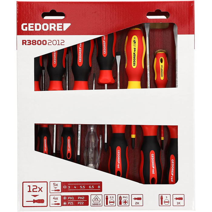 Набір викруток GEDORE red 12 предметів (VDE), плоскі та хрестоподібні, з індикатором напруги, інструмент R38002012
