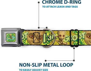 Нашийник для собак Buckle-Down DC-SB-MCJP-WMC185-1.0-S, з застібкою типу безопасний ремінь, дизайн Малюк Грут - Я Грут, коричневий, зелений, жовтий, ширина 22,9 - 38,5 см, багатокольоровий