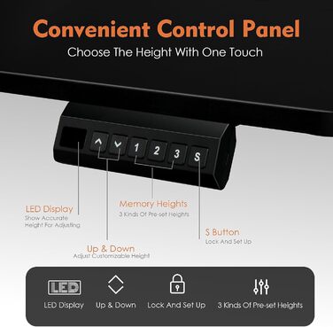 Електрично регульований по висоті стіл для роботи стоячи, 120 x 60 см, стіл для роботи сидячи/стоячи з пам&39яттю налаштувань та світлодіодним дисплеєм, стіл для роботи стоячи з гачками та підключенням для кабелів, робочий стіл для домашнього офісу, чорни