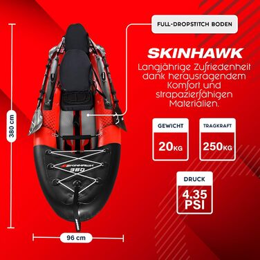 Ексклюзивний червоний набір для каяків SKINHAWK 380 - Надувний човен - Каное - 380 x 96 см - Каяк на 2 особи. Набір для каяків Skinhawk 380 з алюмінієвим веслом.