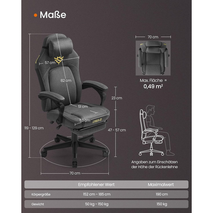 Ігрове крісло SONGMICS HOME, ергономічне комп&39ютерне крісло з підставкою для ніг, офісне крісло, обертове крісло з підголівником, суміш бавовни та льону, регульована висота, колір голубий сірий OBG072G01