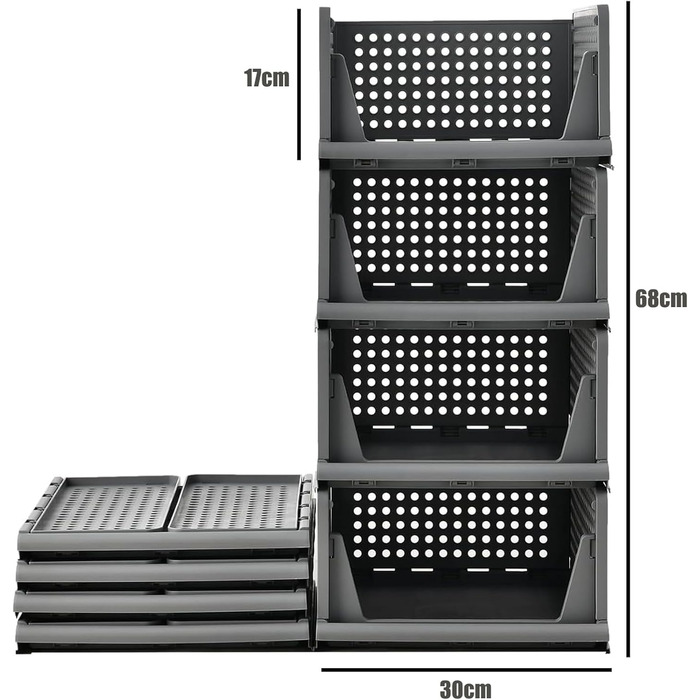 Набір ящиків із 4 предметів, гардеробний органайзер, штабелювана шафа, полиця для зберігання, пластиковий роздільник, штабелювані ящики для одягу, кухня, спальня, сірий