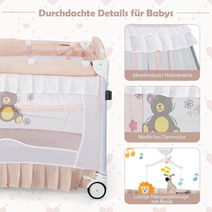 Дитяче ліжечко DREAMADE 5-в-1 для подорожей з матрацом та балдахіном, складне дитяче ліжечко на колесах, пеленальний столик та манеж, приліжкове ліжечко з музичною скринькою та підвісними іграшками, для новонароджених 0-36 місяців (рожеве)