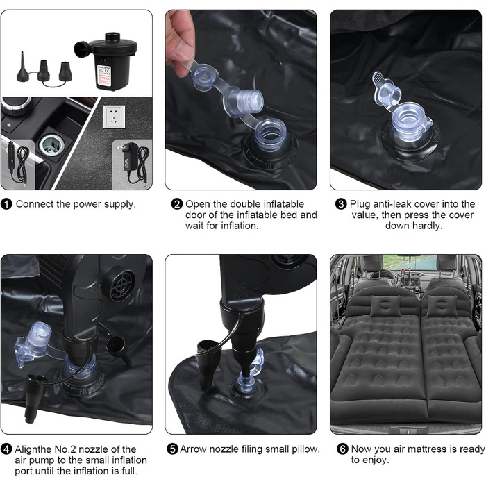 Надувний матрац Sanheshun SUV Автомобільне туристичне ліжко для кемпінгу, потовщений надувний матрац з двома повітряними подушками та автомобільним повітряним насосом, поверхня з флокингу та ПВХ, кемпінговий килимок (чорний) чорний 2 з автомобільним та до