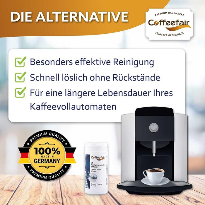 Таблетки для очищення кавомашин Coffeefair, 2-фазні, 25 шт., сумісні з Jura, інтенсивне очищення та захист, оптимальна альтернатива таблеткам для очищення Jura