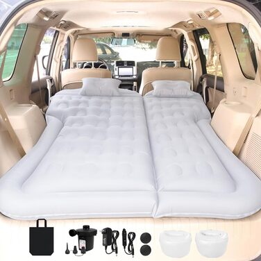 Надувний матрац для автомобіля позашляховика - потовщений та покращений кемпінговий матрац для заднього сидіння/багажника з електричним насосом, побутовий адаптер, 2 подушки 2 підставки для ніг, білий