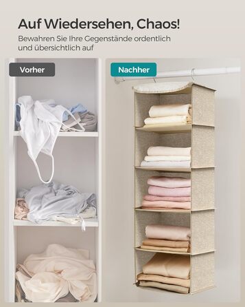 Підвісний органайзер SONGMICS, набір з 2 шт. , органайзер для шафи, підвісна полиця, підвісне місце для зберігання, складаний та компактний, металеві гачки та бамбукові вставки, текстура, що нагадує лляну тканину, пісочно-бежевий RCH005Y02 Пісочно-бежевий