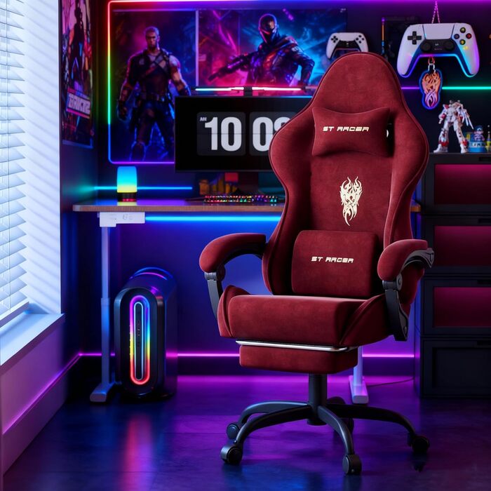 Ігрове крісло Huracan з підставкою для ніг, дихаюче ергономічне ігрове крісло з мікрофібри велюру, ігрове крісло, ігрове крісло з регульованим підголівником та масажною подушкою для попереку, підлокітники (червоні) плоска подушка сидіння, стиль 1 червоний