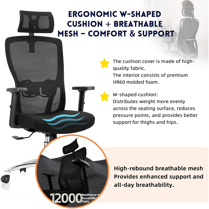 Ергономічне офісне крісло, стілець для роботи з регульованим підголівником, підлокітниками та поперековою опорою, обертове крісло з сітки, крісло для керівника з регульованою висотою, комп&39ютерне крісло з функцією гойдання, вантажопідйомність 150 кг