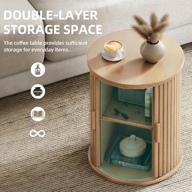 Круглий стіл YITAHOME з шафою з розсувними дверима, бічний столик з 2-ярусною полицею для зберігання для спальні, їдальні, вітальні, домашнього офісу або квартири, невеликий журнальний столик/тумбочка, світлий дуб