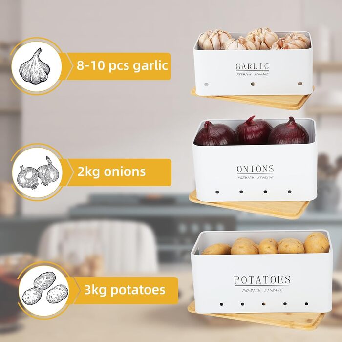 Ящик для зберігання картоплі - Комплект із 3 предметів - Зберігання картоплі, цибулі та часнику - Довше зберігає овочі свіжими - Горщик для картоплі, горщик для цибулі та горщик для часнику - Білий