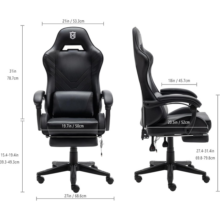 Ергономічне ігрове крісло з масажною поперековою подушкою, офісне крісло для ПК в гоночному стилі зі штучної шкіри, ігрове крісло з підлокітниками, вантажопідйомність до 159 кг, чорний колір