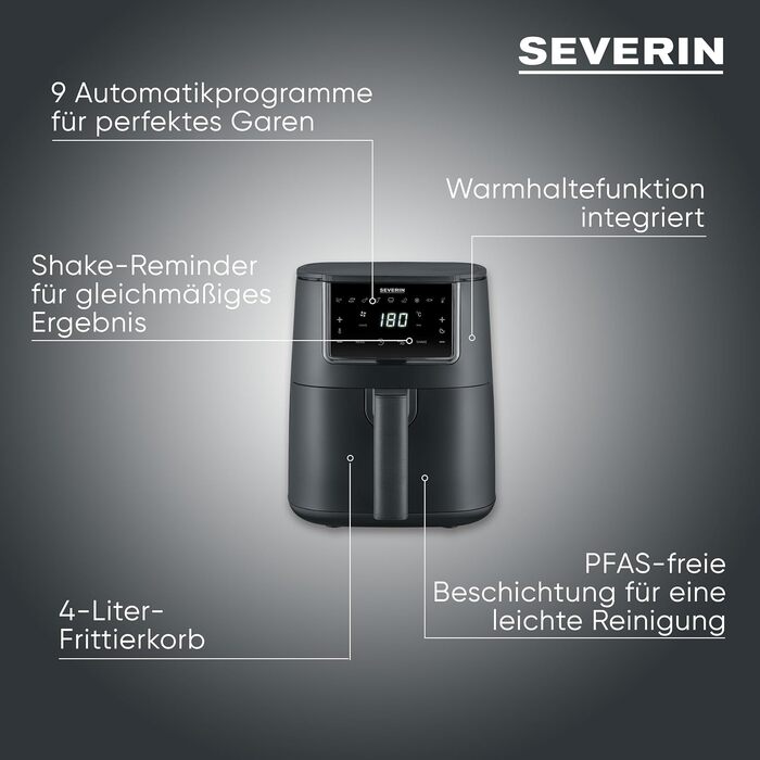 Аерофритюрниця Severin FryLight FR 2461, 4л, 1300Вт, чорна фритюрниця без олії з сенсорним дисплеєм, 8 автоматичними програмами та функцією підігріву