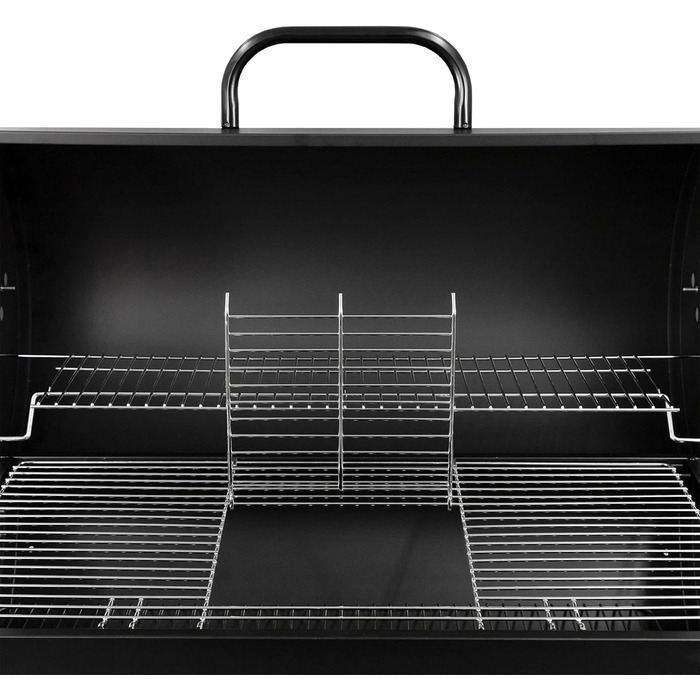 Гриль-візок XXL 103x110x59 см. Вугільний гриль з металевим корпусом та кришкою, решіткою для грилю, 2 колесами, полицею для зберігання, попільницею та регульованою системою вентиляції.