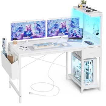 Ігровий стіл Grandder, ігровий стіл 120x50 см з розеткою та світлодіодним освітленням, комп&39ютерний стіл з двосторонніми полицями та шухлядою, ПК-стіл для домашнього офісу з відділенням для зберігання, білий