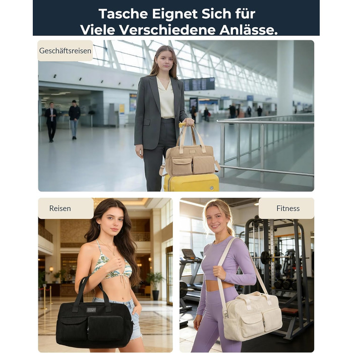 Вельветова дорожня сумка Micmores, жіноча спортивна сумка 20 л, сумка для підгузків на вихідні, ручна поклажа Ryanair 40x20x25, сумка для спортзалу, сумка для пологів з мокрим ПВХ-мішком для фітнесу (чорна)
