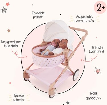 Коляска для ляльок-близнюків для ляльок 36 см - Коляска для ляльок зі складним дахом - рожева із золотими зірками - Аксесуари для