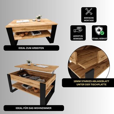 Журнальний столик з регульованою висотою та місцем для зберігання - Журнальні столики - Розкладний стіл для вітальні - Журнальний столик з регульованою висотою - Стіл для вітальні дерев&39яний коричневий Вотан/чорний.