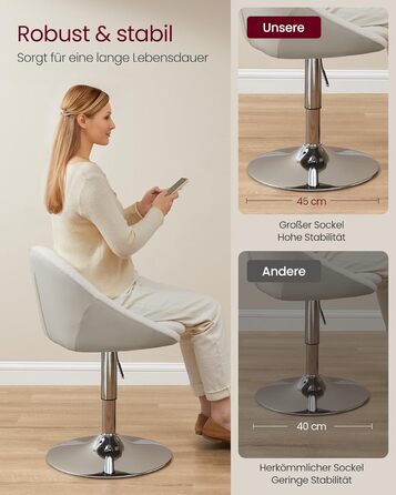 Регульований стілець VASAGLE, крісло для туалетного столика, офісне крісло, обертовий барний стілець зі спинкою та основою, сталь, для стійки, офісу, туалетного столика, їдальні, кремово-білий LJB100W01 кремово-білий фліс