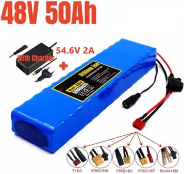Велосипедний літій-іонний акумуляторний блок Водонепроникний ПВХ акумулятор Перезаряджається літій-іонний акумулятор для електровелосипеда, скутера BMS XT60/T штекер 54.6V 2A зарядний пристрій XT60 шт. екер 48V 50Ah, 48V 50Ah