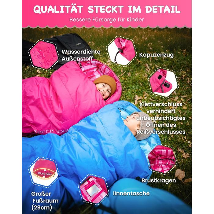 Дитячий спальний мішок KingCamp (до 7C), легкий, водонепроникний, компактний, фланелевий спальний мішок, спорядження для холодної погоди та тепла молоді, аксесуар для кемпінгу, підходить для 10-12 дітей зростом до 1,68 м, рожевий у клітинку, 165x70x45 см