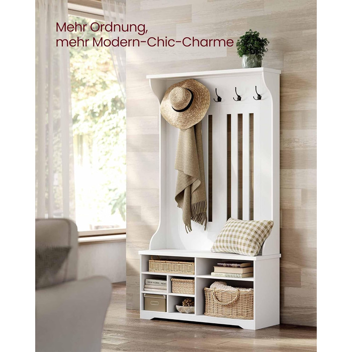 Вішалка для верхнього одягу VASAGLE з лавкою для взуття, шафа, місце для зберігання взуття, 5 потрійних гачків, окремостояча, компактна, для вхідної зони, коридору, регульовані полиці, хмарно-білий HSR404T10