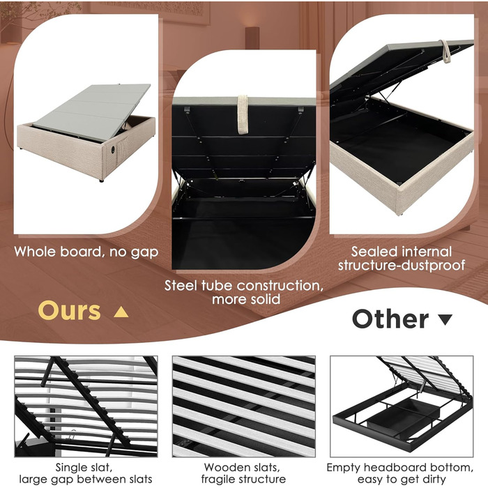 М&39яке ліжко 140x200 см без узголів&39я, ліжко з місцем для зберігання речей, двоспальне ліжко, каркас ліжка з рейковою основою по всій поверхні, лляне, функціональне ліжко, без матраца (натуральний), 140x200 см