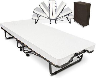 Розкладне ліжко для гостей Beautissu 90x200 см Міцне та складне дорожнє ліжко, включаючи захисний чохол та матрац з пінопласту товщиною 10,5 см Розкладне ліжко без складання Міцний сталевий каркас та 4 колеса Venetia 90x200 см Білий
