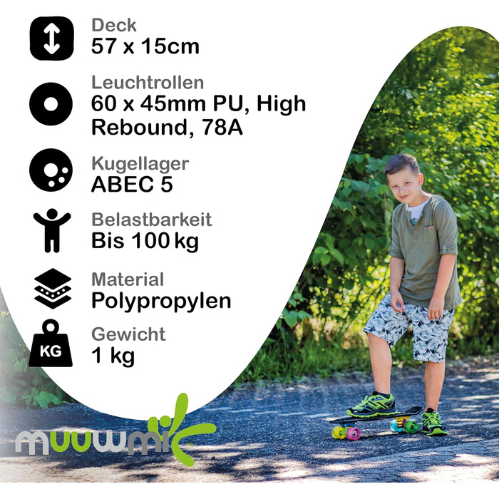 Скейтборд Muuwmi Lights Fun Glow — дека 57×15 см, колеса PU 60×45 мм, підшипники ABEC 5