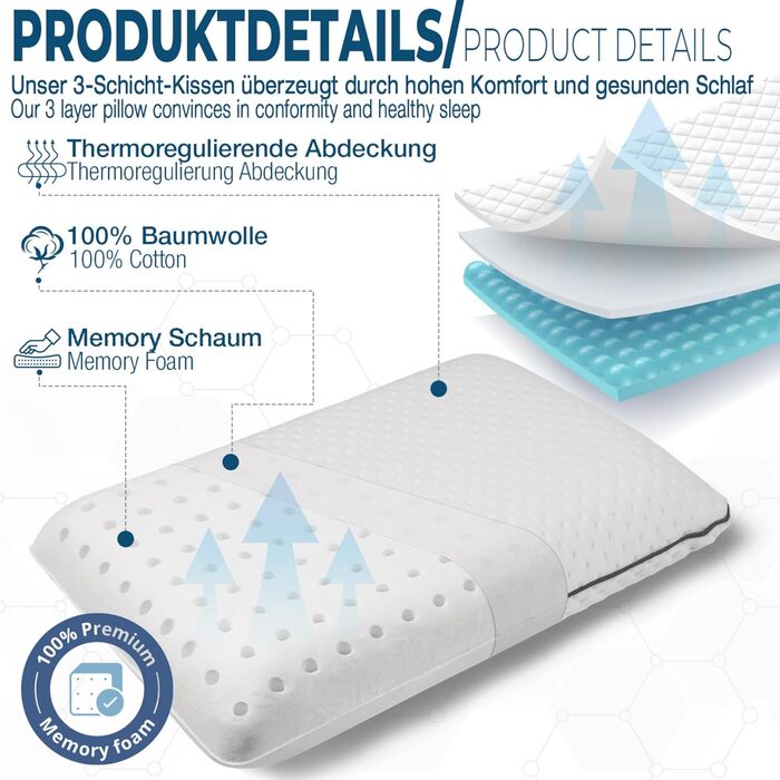 Подушка alkamto з піни з ефектом пам&39яті 70x45 см Ергономічна подушка для підтримки шиї Сертифіковано Oeko-Tex Терморегулюючий чохол Гіпоалергенна та придатна для прання Для сну на спині та на боці