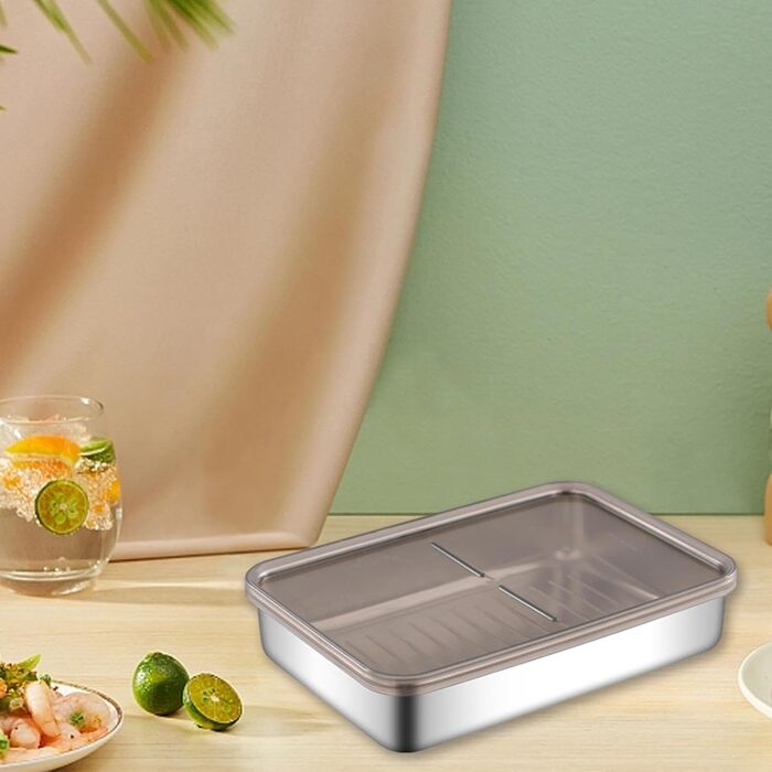 Контейнер для зберігання бекону з нержавіючої сталі піддон, коробка для збереження м'яса Рішення для зберігання жиру, підставка з піднятим дном, кухонний контейнер для зберігання бекону в домашніх умовах, набір 2 (19.5*14*4 см)