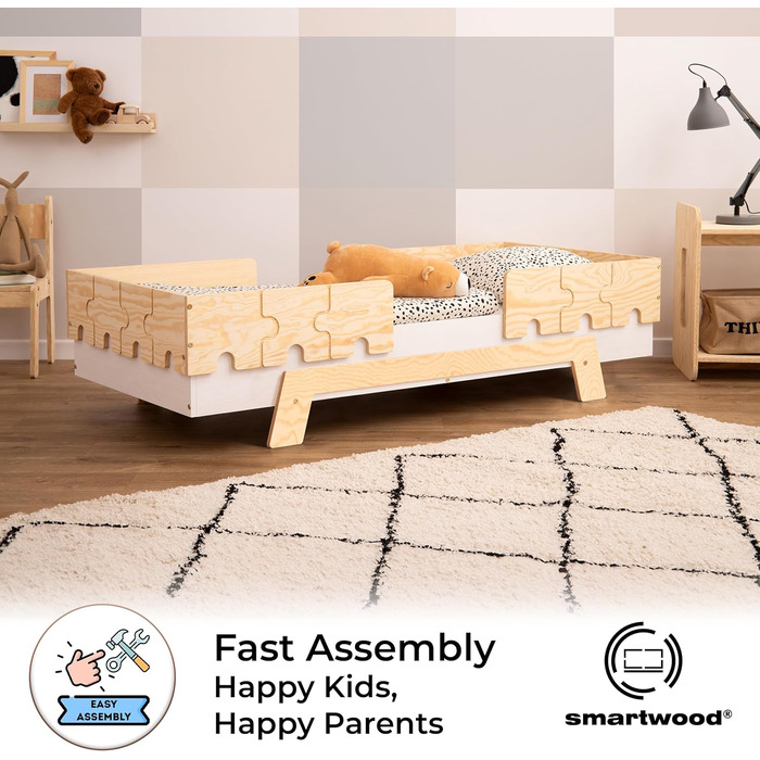 Дитяче ліжко SMARTWOOD з рейковою рамою та захистом від випадіння Puzzle BR2 Montessori односпальне для хлопчиків та дівчаток - Лі