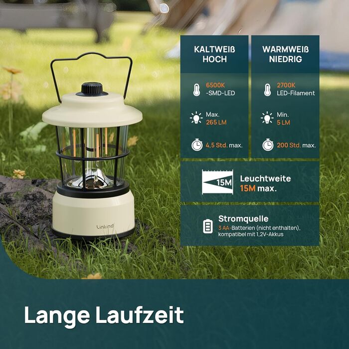 Світлодіодний кемпінговий ліхтар Linkind, з регульованою яскравістю, 2-кольоровий кемпінговий ліхтар на батарейках, ретро-кемпінговий ліхтар із 200-годинним терміном служби батареї, портативний IPX4 для кемпінгу, надзвичайних ситуацій, наметів, походів, 2
