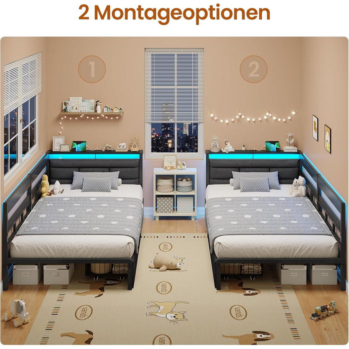 М&39який диван-ліжко 90x200 зі світлодіодним освітленням, зарядною станцією, кушеткою, дитячим ліжком з 2 шухлядами та металевим рейковим каркасом, м&39яким узголів&39ям з відкритим місцем для зберігання, чорний 90 x 200 см