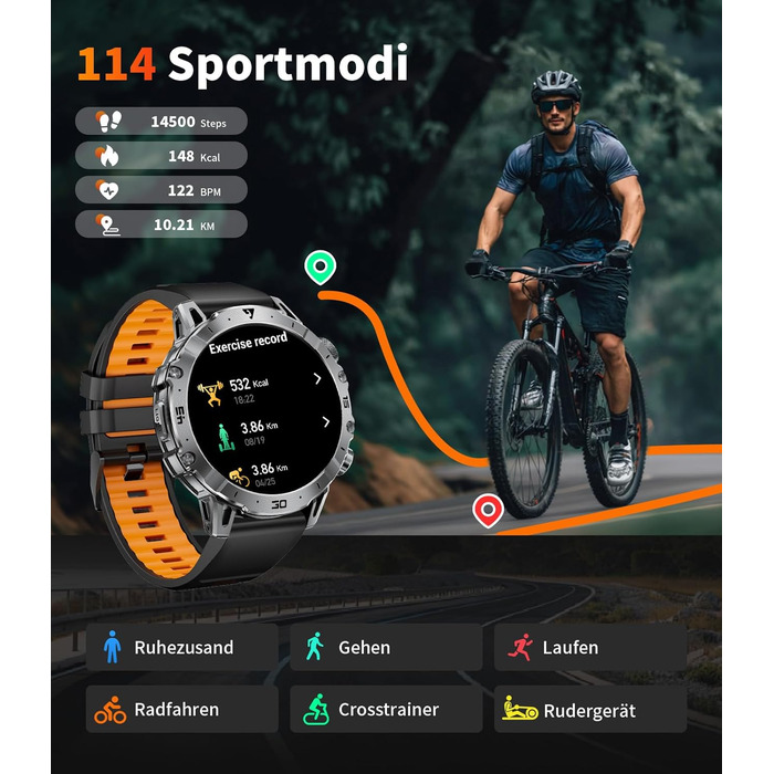 Чоловічий військовий смарт-годинник, великий акумулятор 1000 мАг, великий HD-дисплей 1,7 дюйма з функцією телефону, світлодіодний ліхтарик, фітнес-годинник з понад 110 спортивними режимами, відстеження серцевого ритму/сну, 3 браслети, IP68, сумісний з iOS